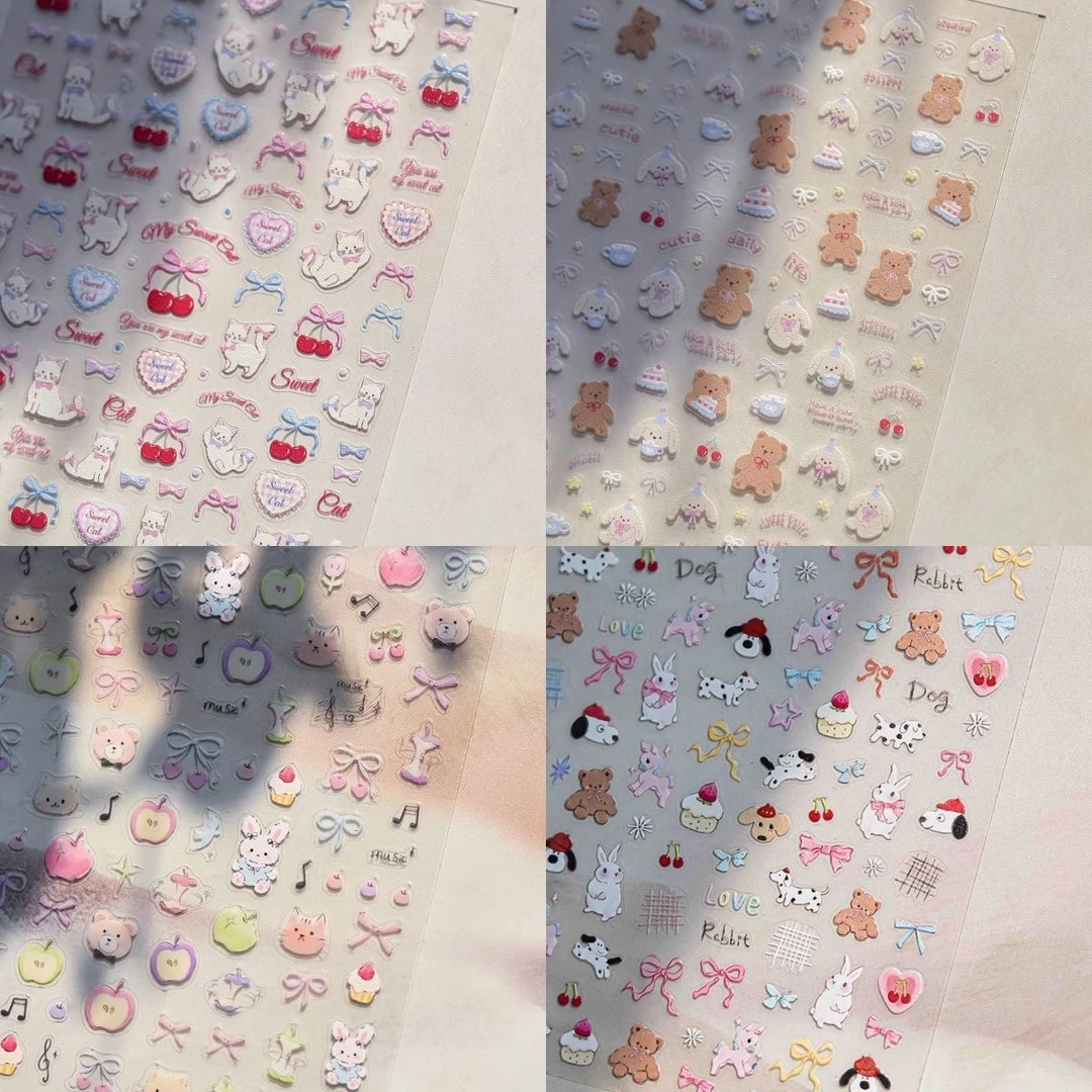 新款ins涂鸦小兔可爱美甲贴纸立体樱桃蝴蝶结diy指甲贴纸背胶