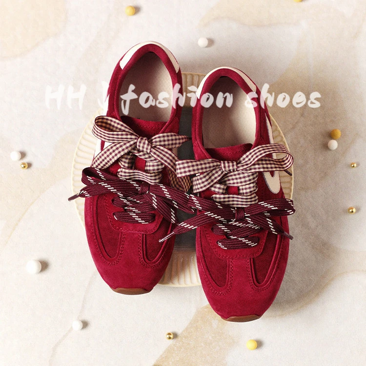 牛皮~内增高复古红色德训鞋女2025秋冬真皮软底阿甘休闲运动板鞋