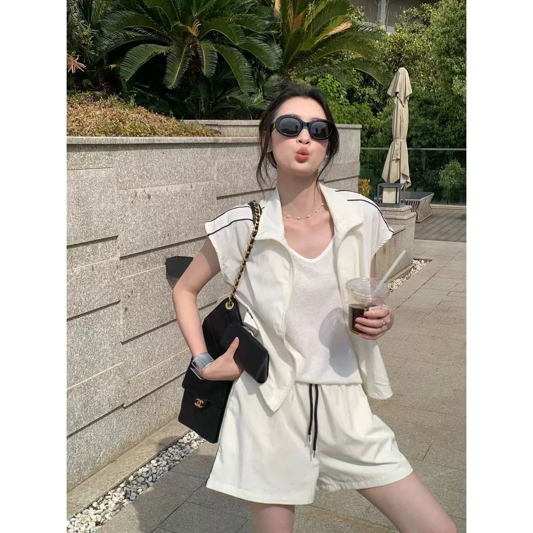 韩系休闲宽松时尚运动套装女潮夏季新款薄款立领防晒衣短裤两件套