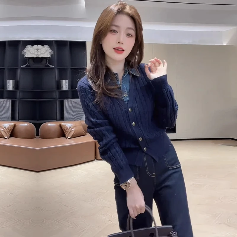 时尚复古牛仔拼接针织衫女2025秋季新款洋气显瘦假两件长袖毛衣潮