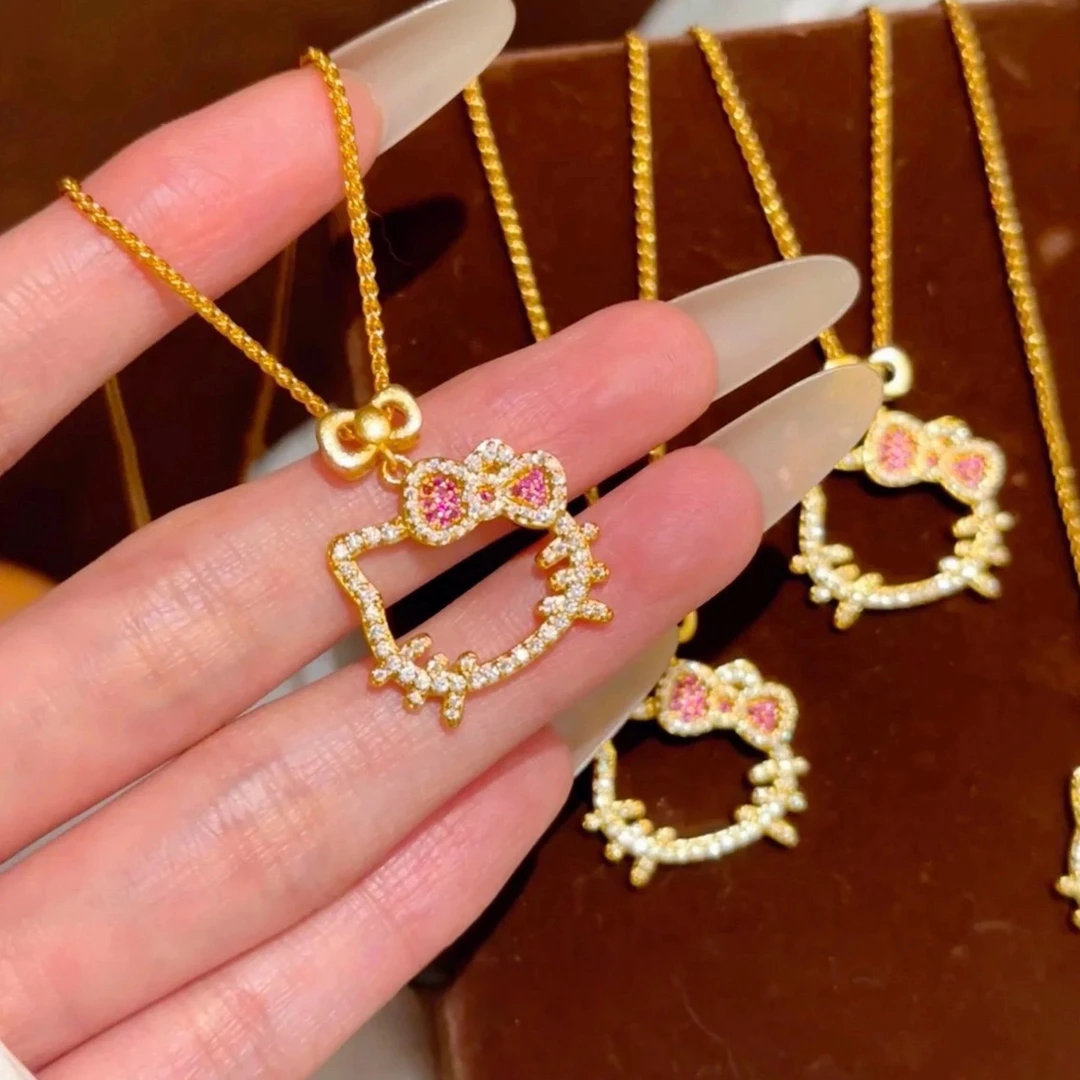 铜合金项链 A-51-镂空可爱蝴蝶结大头猫项链时尚金色锁骨链饰品