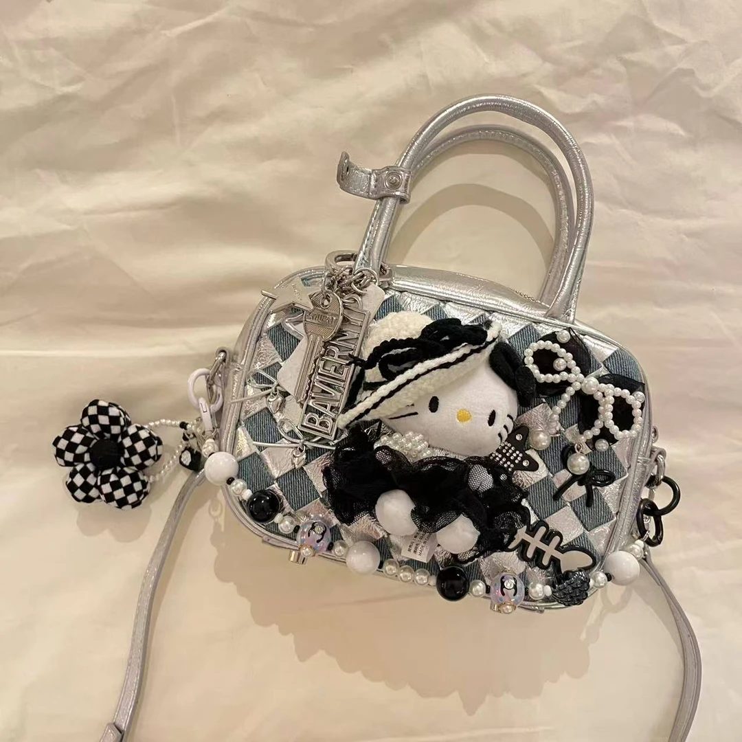时尚手作编织银色保龄球包包kitty小香风ins辣妹