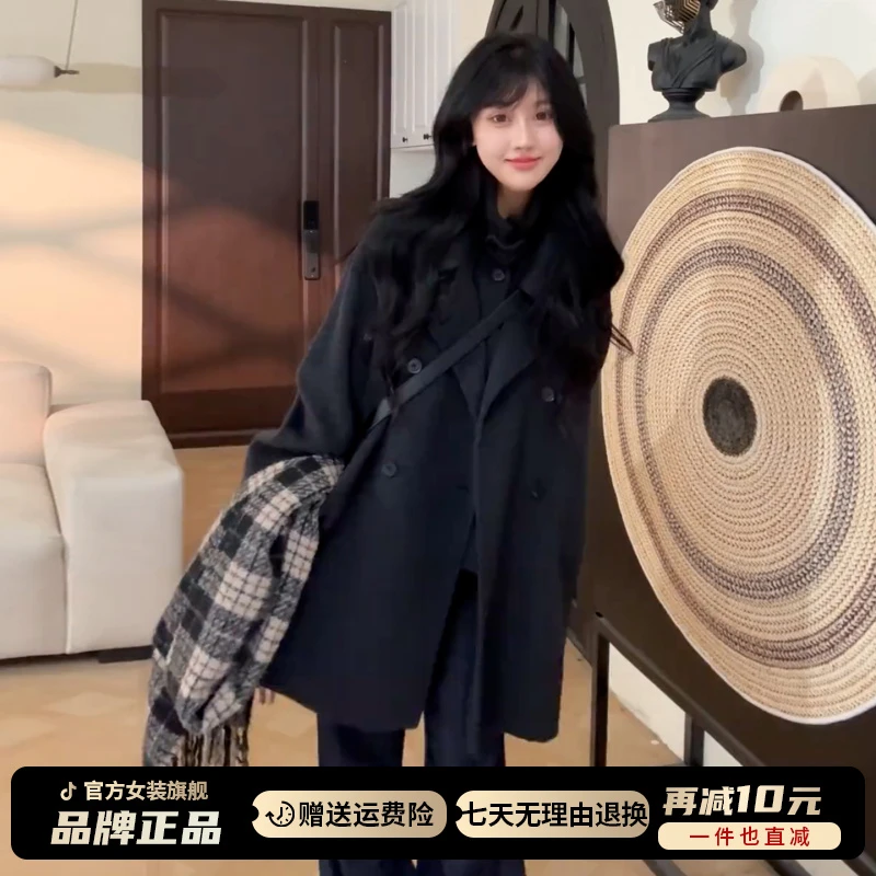 2025新款韩系高级感黑色短款毛呢外套女秋冬季小个子加厚呢子大衣