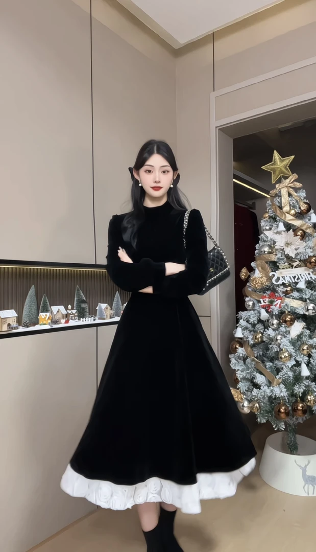 新年礼服连衣裙女秋冬高级感圆领拼接收腰显瘦长裙B0011