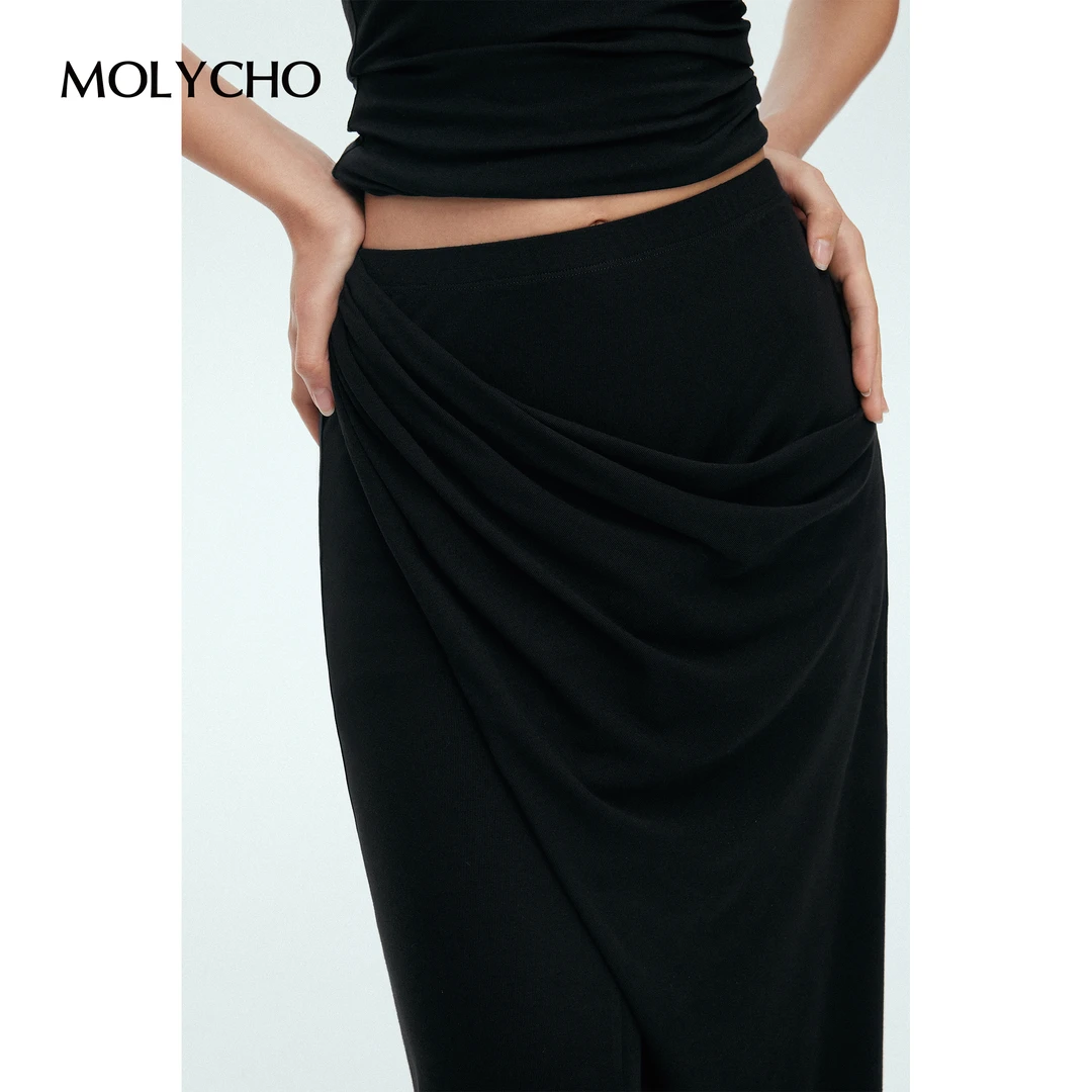 MOLYCHO｜ 层次感捏褶_黑色褶皱直筒半身裙女/高腰显瘦后开叉半裙