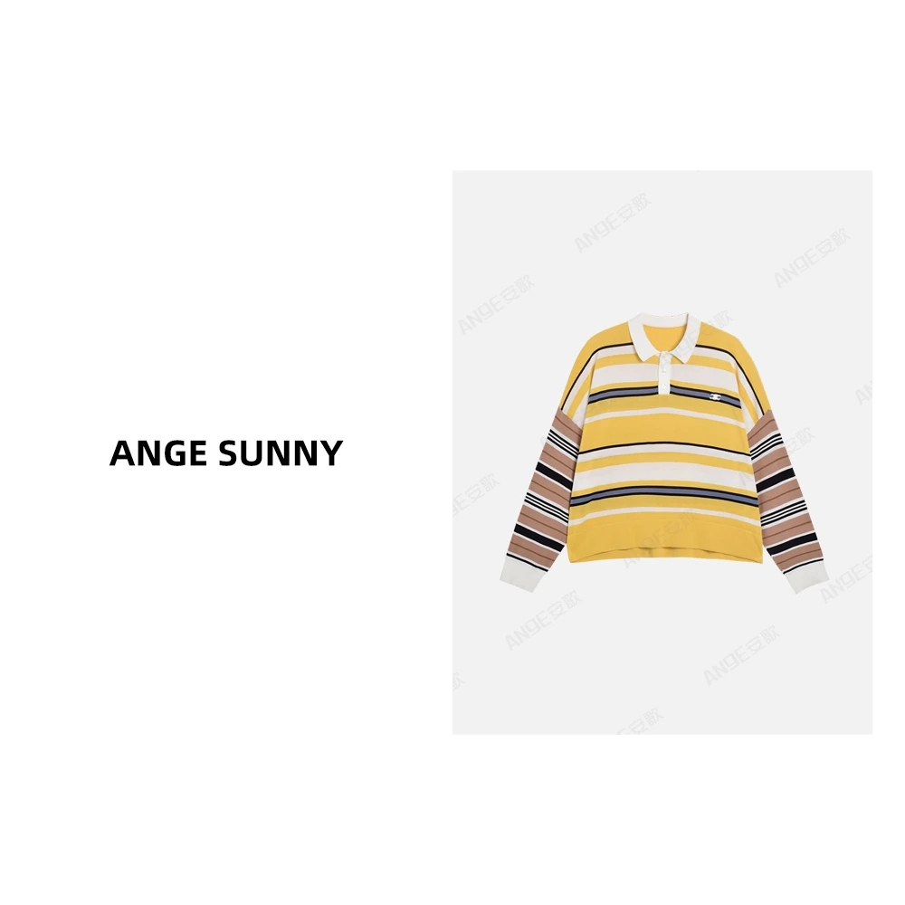 ANGE SUNNY【凯旋门撞色条纹POLO衫】潮流刺绣翻领拼色长袖针织上衣