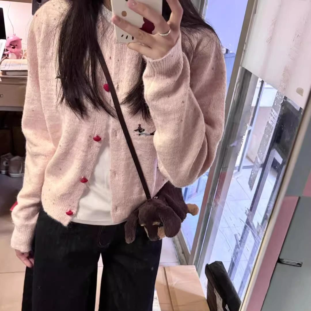 秋季穿搭外穿毛衣开衫韩系慵懒风刺绣小狗针织衫上衣女显瘦短外套