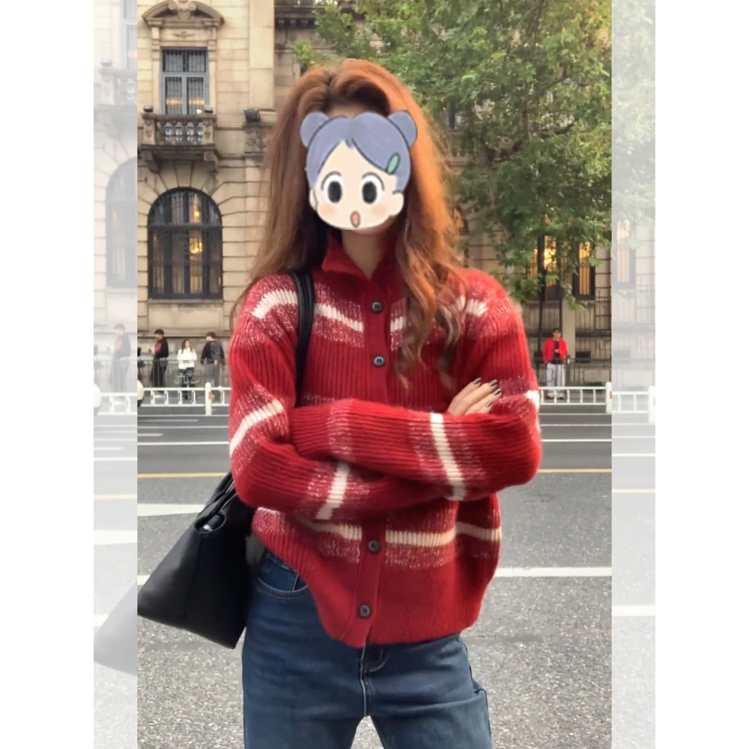 韩系红色条纹高领针织开衫女秋冬穿搭小个子宽松慵懒毛衣外套上衣
