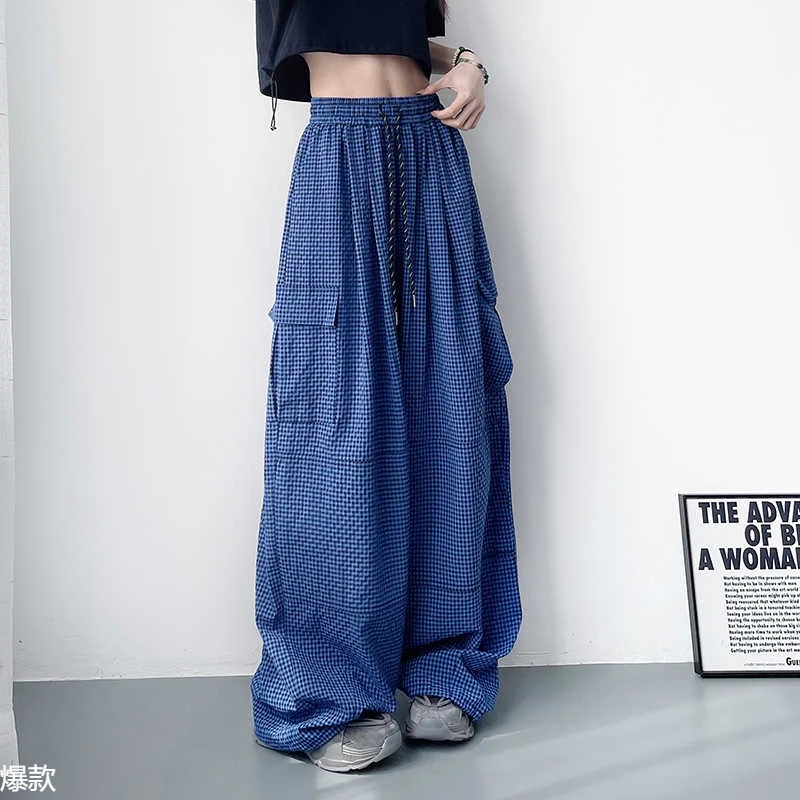 格子工装裤女夏薄款大码胖显瘦垂感轻薄速干跳舞运动冰丝阔腿裤