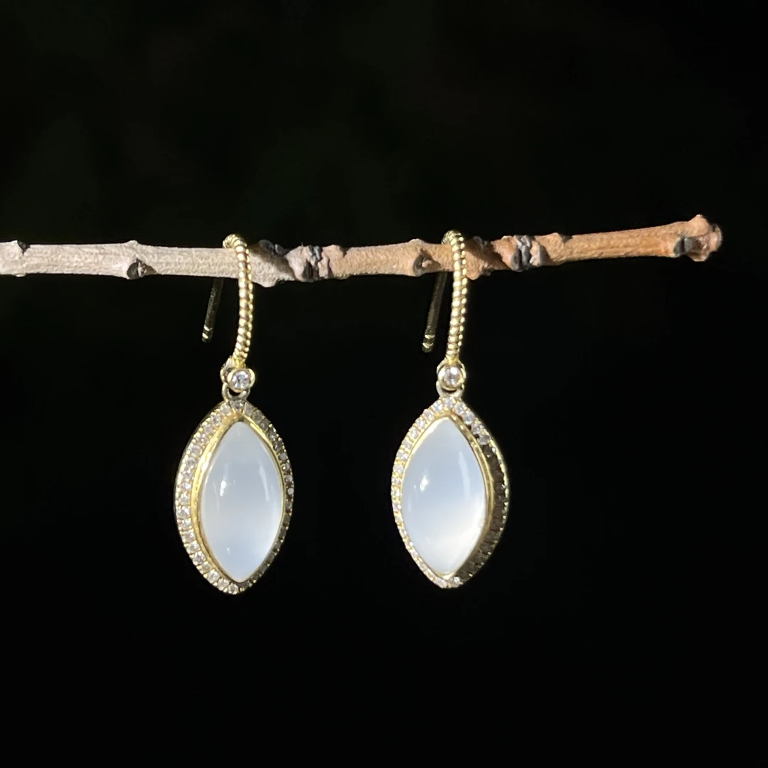 【小雨来了】18k金镶嵌和田玉高冰白蛋面耳钩 和田玉耳坠 耳环