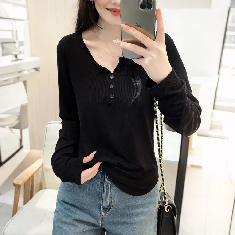 高级感简约纯色半开领长袖T恤早秋修身显瘦螺纹棉质百搭复古上衣