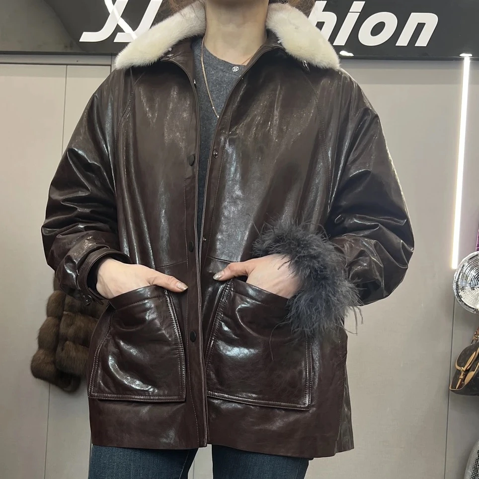 JJ Fashion 白色貂毛领中长款阔版加绒皮衣