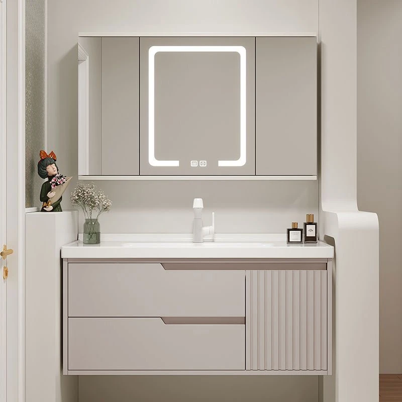 8013风水镜橡胶木烤漆浴室柜组合陶瓷一体盆洗手台智能镜柜
