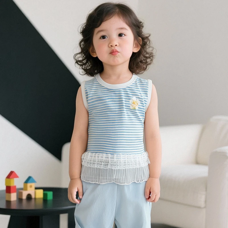 夏季清新甜美风条纹女童立式花朵无袖蕾丝花边背心薄款儿童