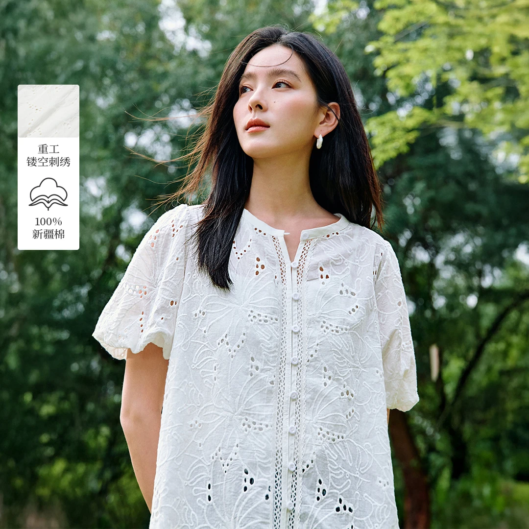 【一秒入夏】茵曼夏季100%棉重工镂空刺绣衬衫甜美清新泡泡袖衬衣
