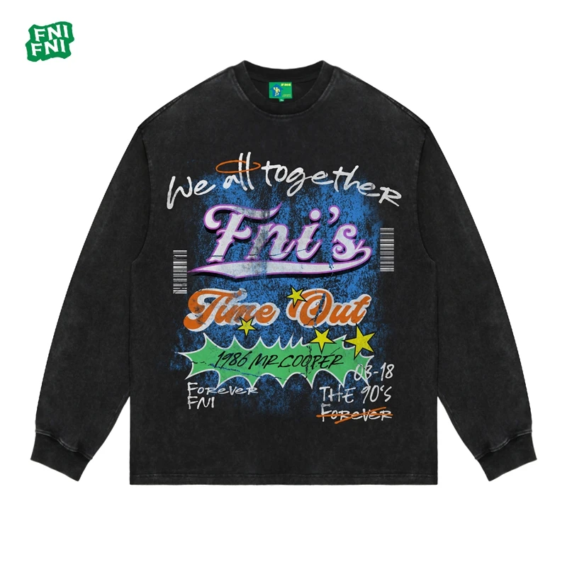 FNI国潮重磅纯棉（1986,cooper）男女同款t恤美式复古圆领长袖白墨