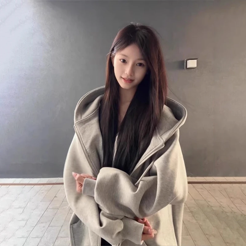 灰色连帽卫衣外套女韩系2025新款爆款秋冬装开衫拉链加绒加厚上衣