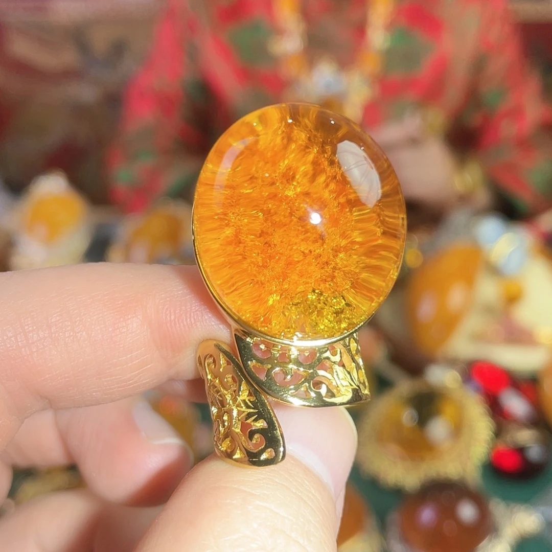 琥珀戒指银S925镀金镶嵌