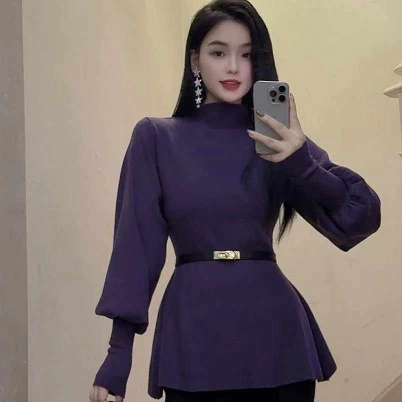 秋冬加厚毛衣女新款半高领灯笼袖显瘦气质百搭针织衫上衣