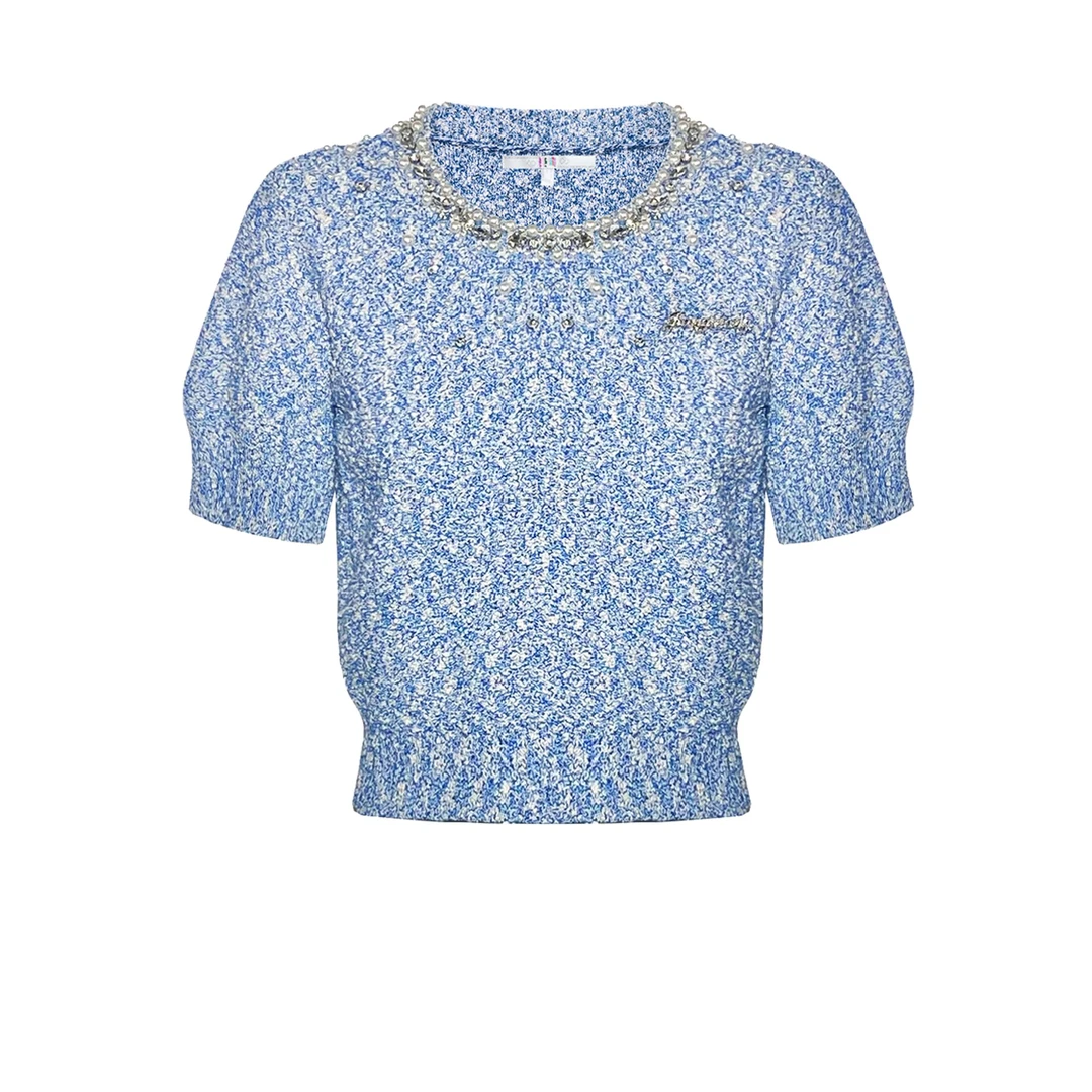 姜穹JIANGQIONG 早春新款精致珍珠订珠花纱毛织短袖上衣