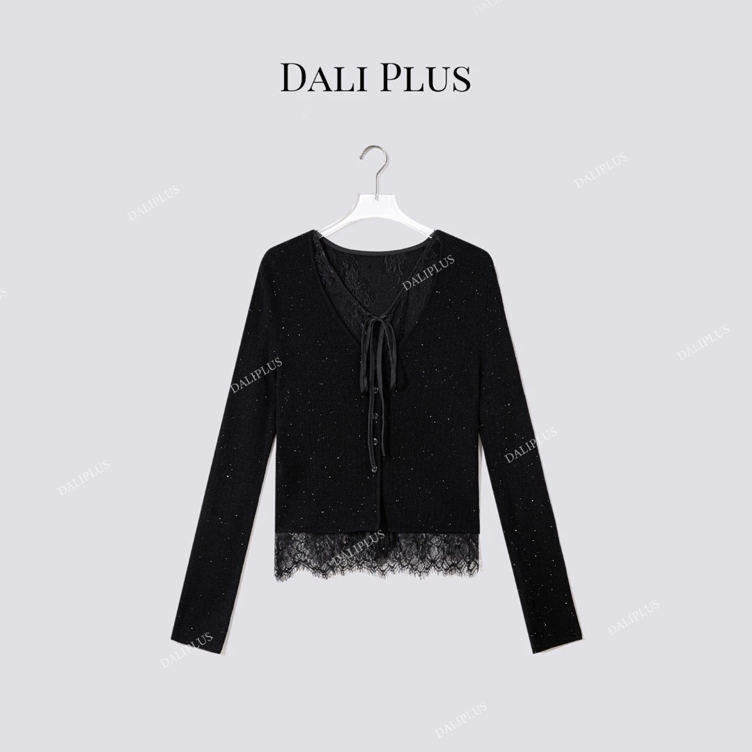 DALI PLUS“桑蚕丝羊毛假两件开衫”蕾丝闪闪系绳针织-D5CK2061-1