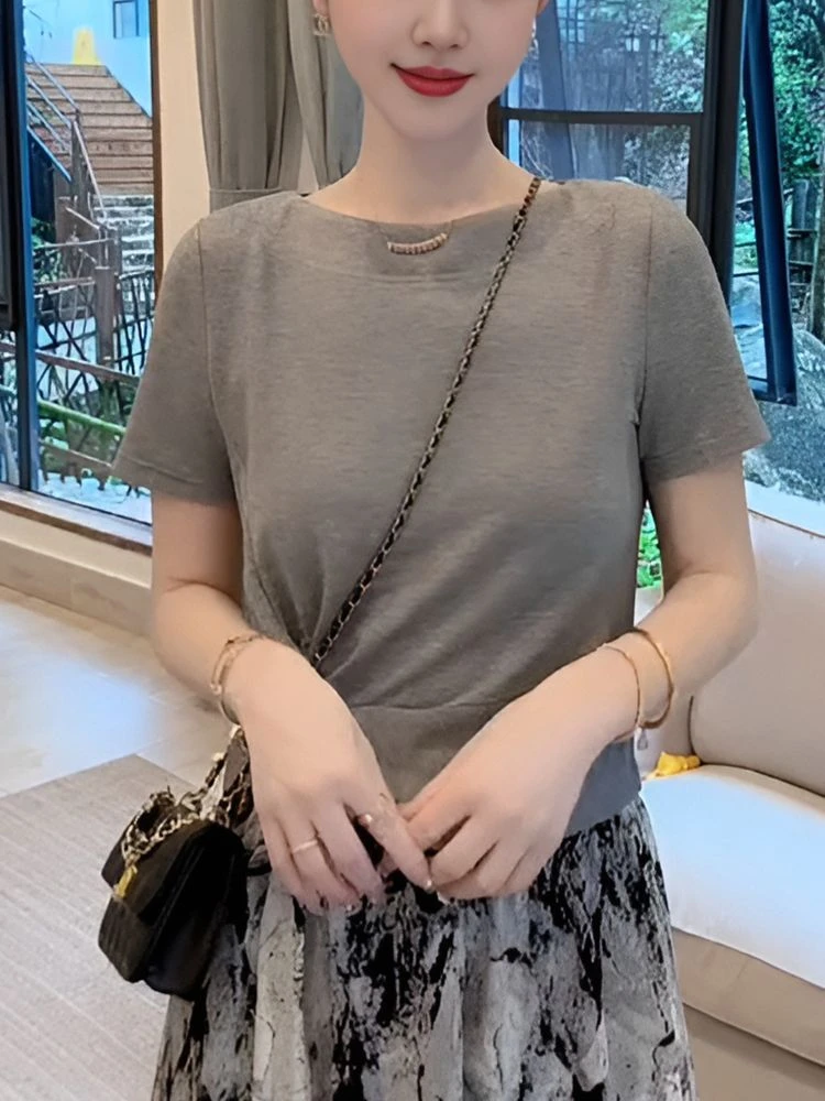 短袖t恤女夏2025新款高端欧货短款褶皱圆领高级感时尚洋气减龄潮