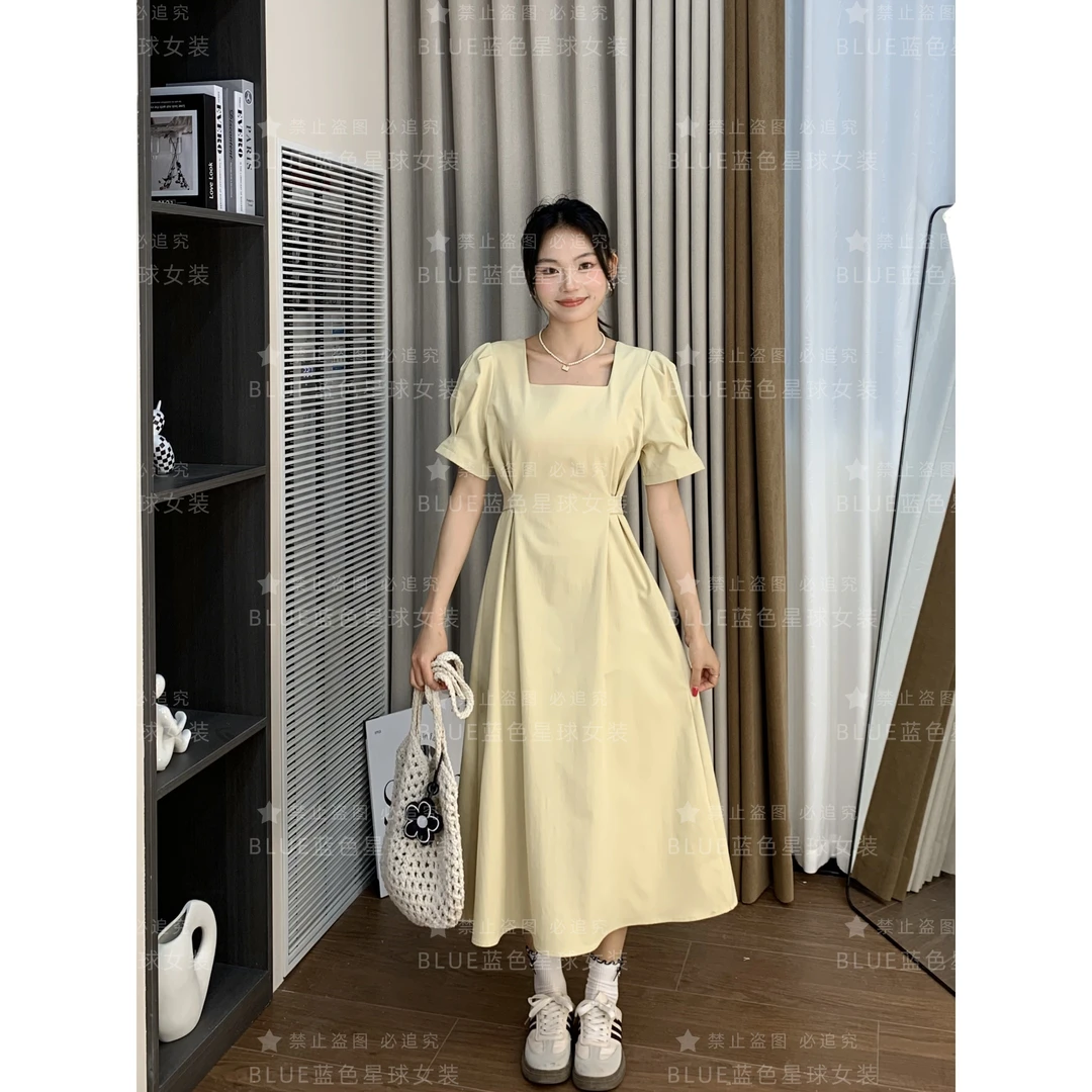 法式后腰系带纯色连衣裙女收腰显瘦休闲长裙夏季