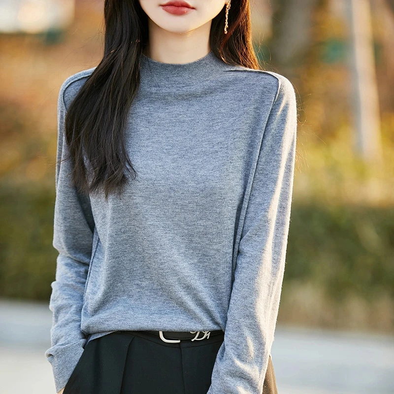 春秋长袖百搭宽松半高领纯色、打底针织衫显瘦女