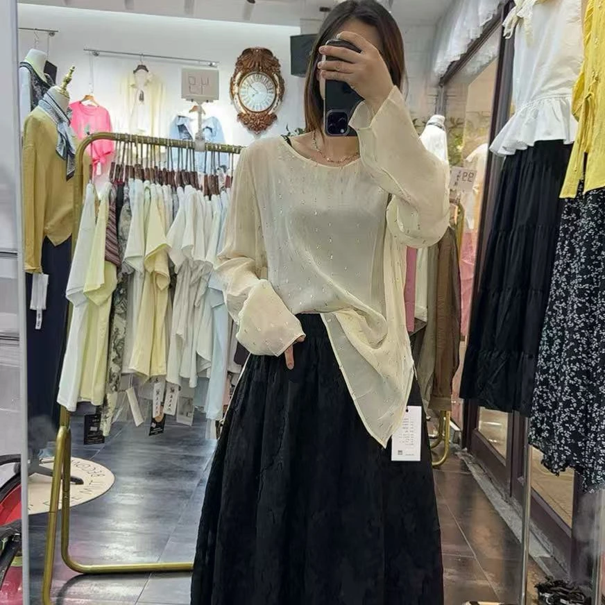 夏季新品清凉轻薄欧货宽松韩版遮肉长袖纱料防晒衫上衣气质女神范