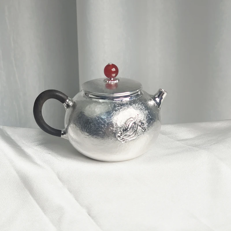 新品--手工锤纹泡茶壶佛手瓜银壶999