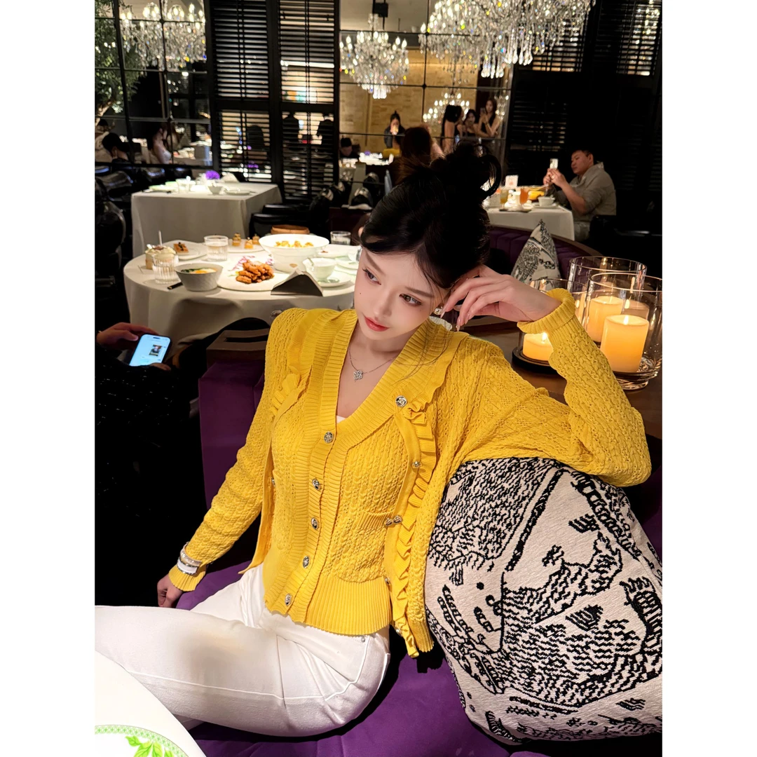 【ULA LIMIT】早春甜柠檬Jen*ie同款招财黄针织马甲开衫显白套装