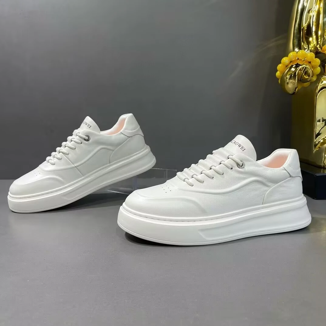 头层牛皮增高小白鞋男款秋季新款轻奢鞋子百搭运动休闲鞋潮牌厚底