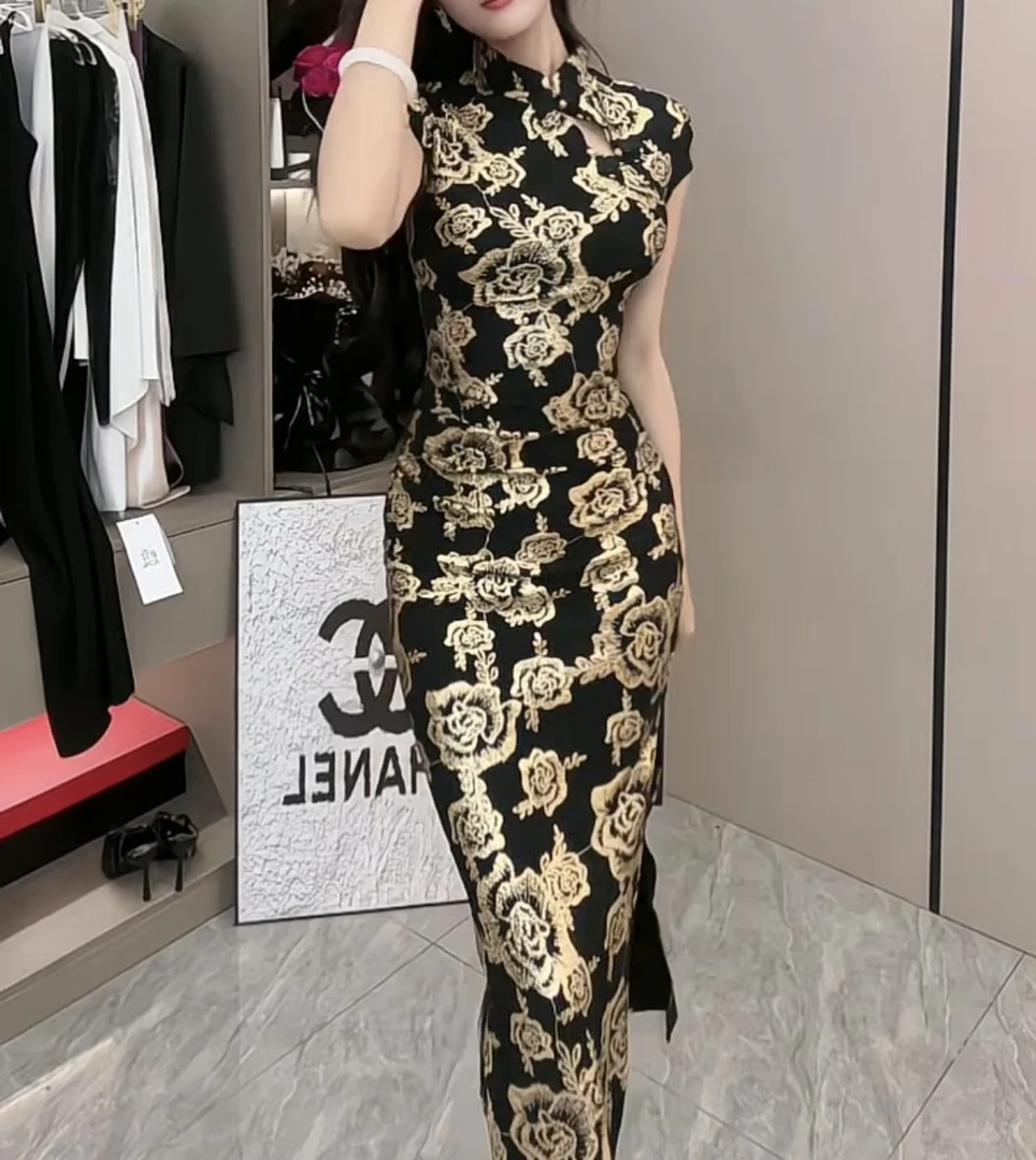 新中式改良旗袍烫金连衣裙女夏气质高级性感包臀长裙礼服