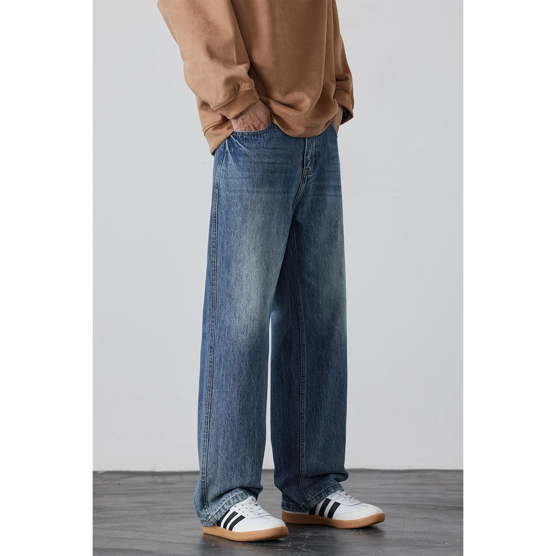 Kuvine秋季新款阔腿牛仔裤男直筒宽松大码水洗潮流休闲百搭裤子男