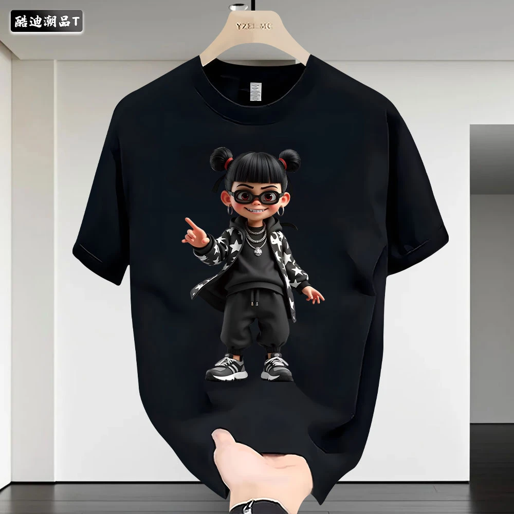2025年新款国潮哪吒印花百搭宽松痞帅男青年款圆领纯棉短袖设计感