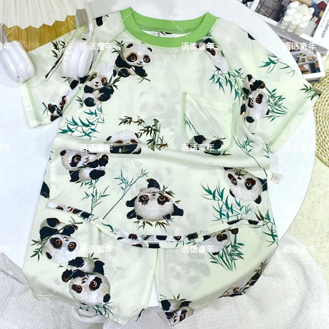 儿童夏款棉绸套装男女童夏天宝宝防蚊裤山东人造棉家居服外穿套装