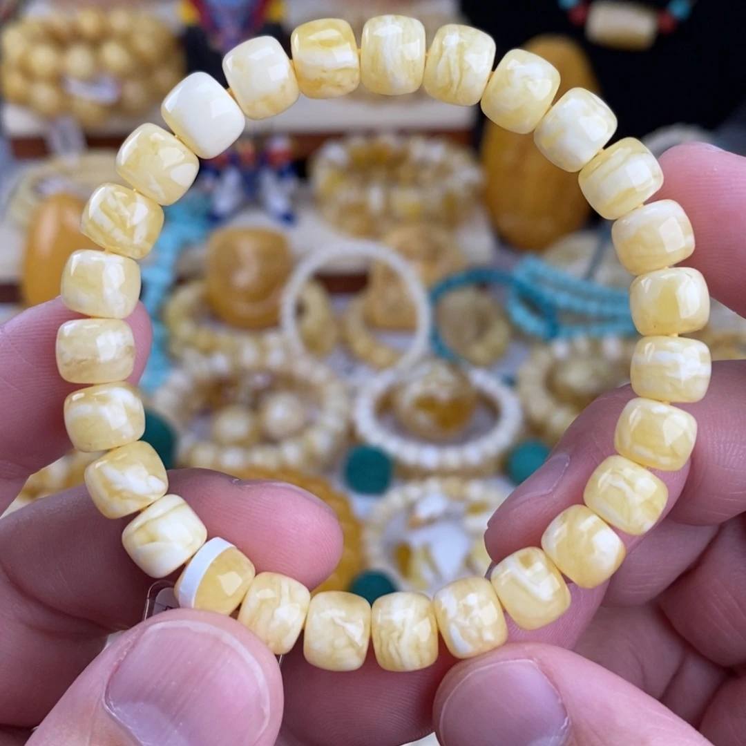 蜜蜡未镶嵌手链瓷白细纹虎皮纹8.5mm