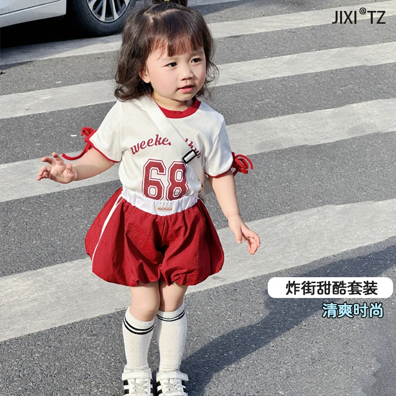 现货夏装洋气学院风休闲套装系带T恤花苞裙裤超萌炸街2件套外出服