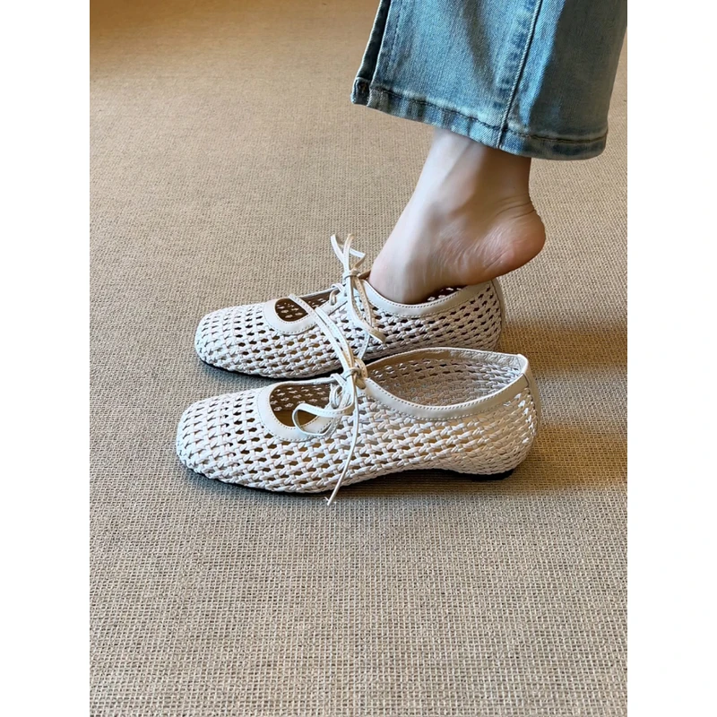 nnmiss/4cm内增高小众法式方头编织镂空洞洞鞋系带通勤浅口单鞋