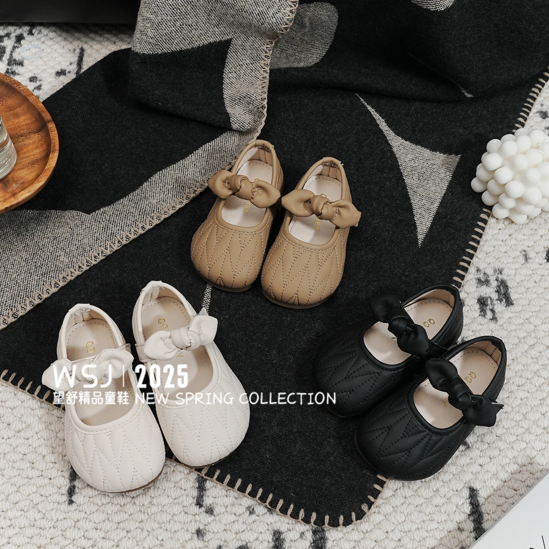 望舒家2025春秋女童韩版蝴蝶结小皮鞋豆豆鞋软底百搭单鞋1005