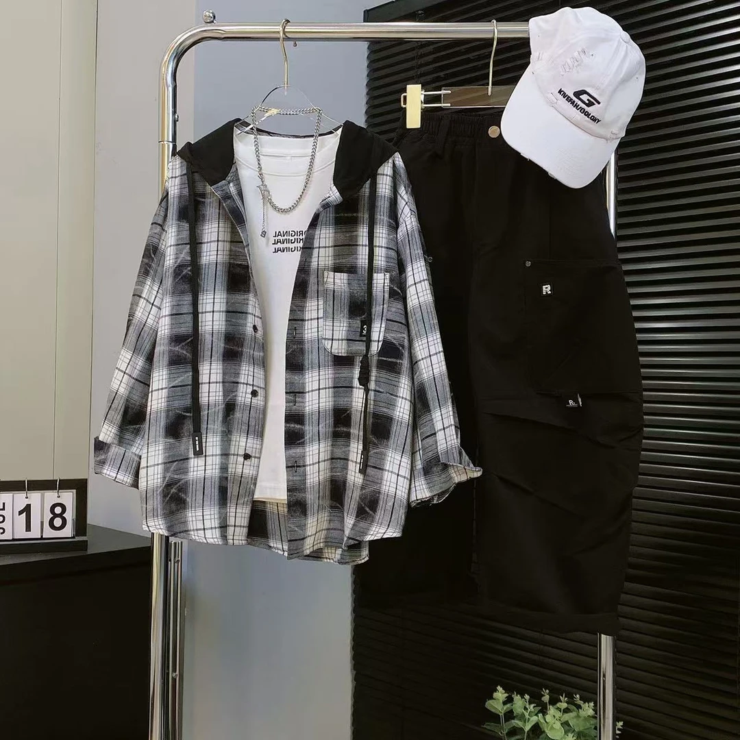 【嘟妈童装】2025男童新款格子连帽衬衫中大儿童薄款外套7589