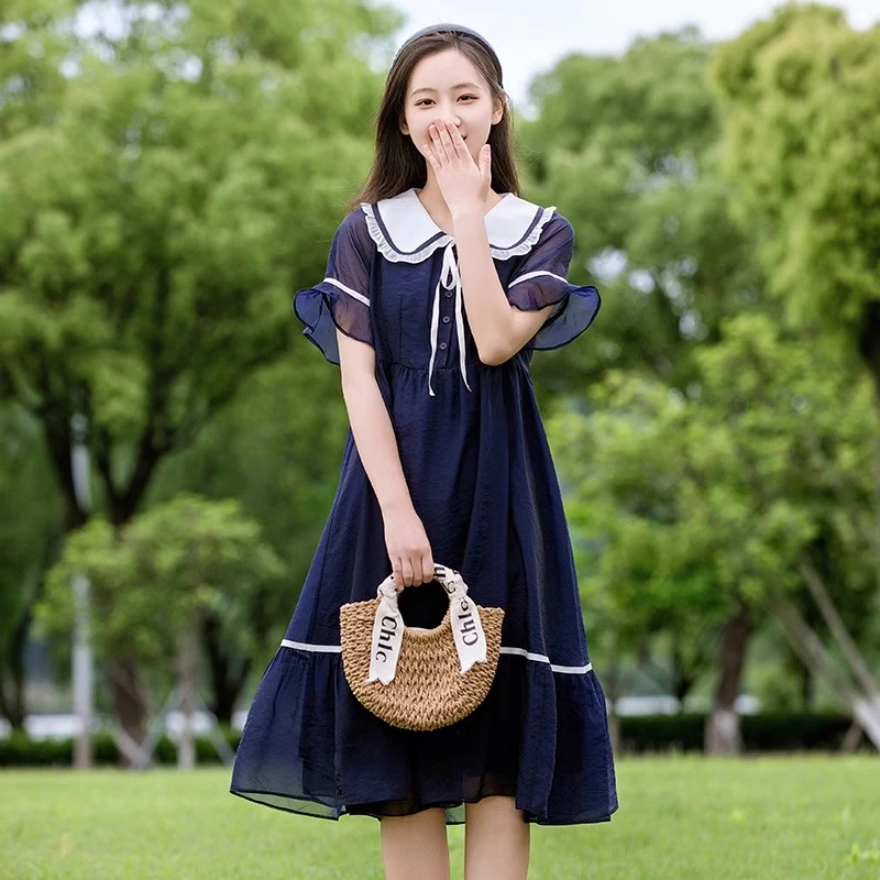 初中学生连衣裙女夏装13少女娃娃领12岁大童15学院风法式甜美裙子