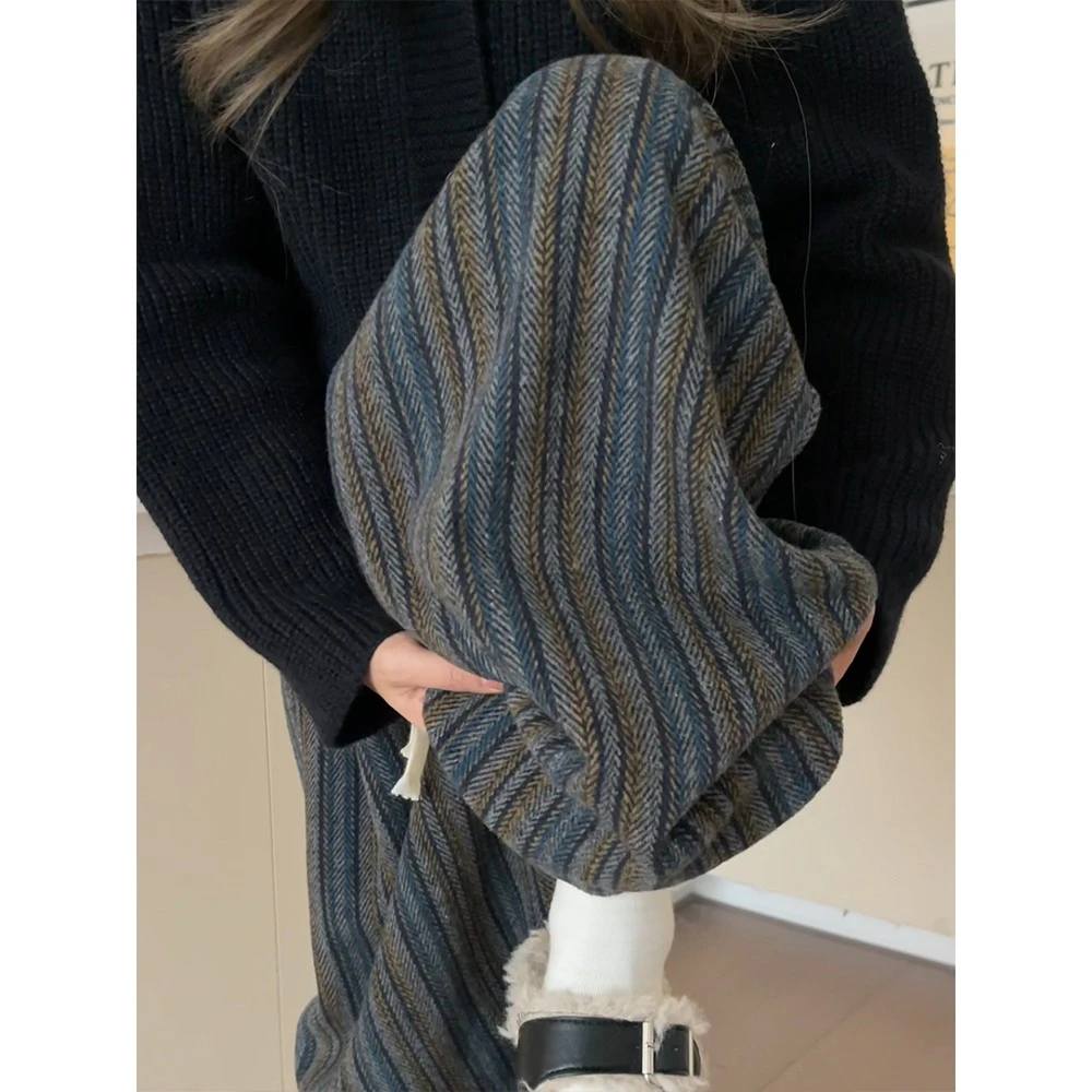 复古条纹加绒裤子女秋冬季毛呢加厚慵懒风宽松直筒宽松休闲阔腿裤