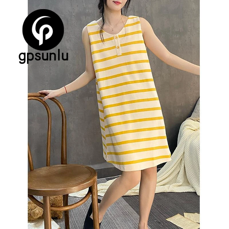 GPSUNLU背心睡裙女夏季纯棉薄款无袖吊带孕妇睡衣防凸点家居服