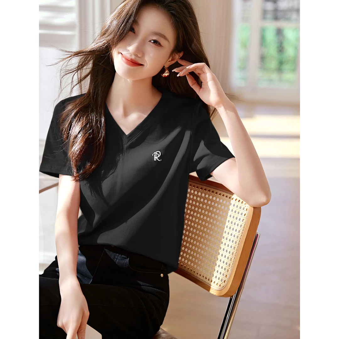 沫晗依美2025夏季时髦打底正肩短款上衣绣花百搭显瘦V领T恤01903