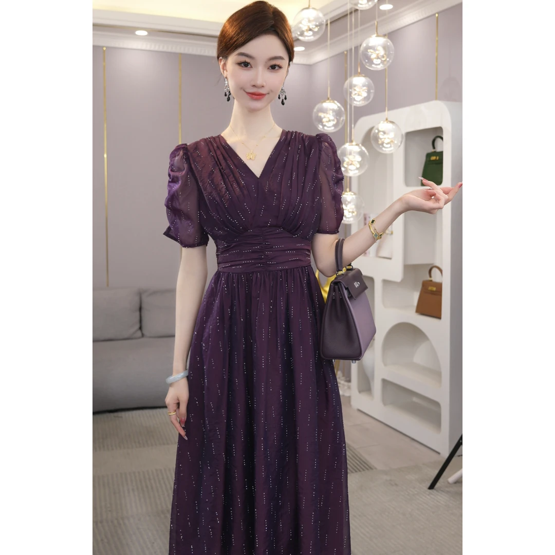 唐熹2025夏季新款【DD-2540】高级感轻奢气质小众V领紫色连衣裙子女