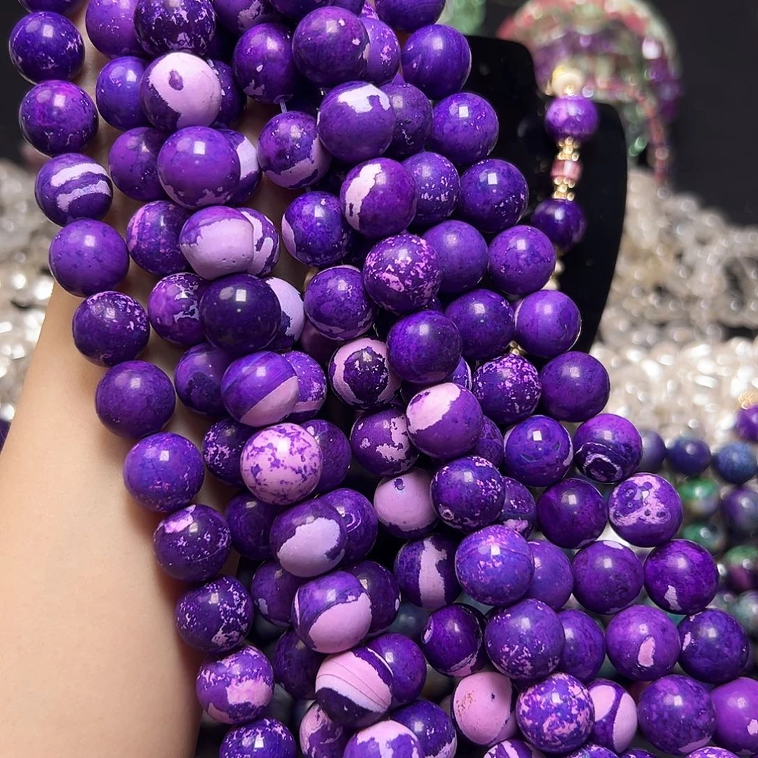 玛瑙/玉髓足银镶嵌珠宝半成品M102薰衣草紫玛瑙圆珠14mm