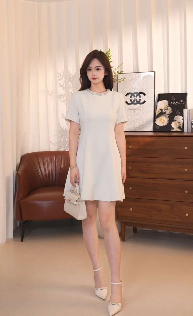 H221【朗】醋酸法式白色夏季新款收腰小香风连衣裙女