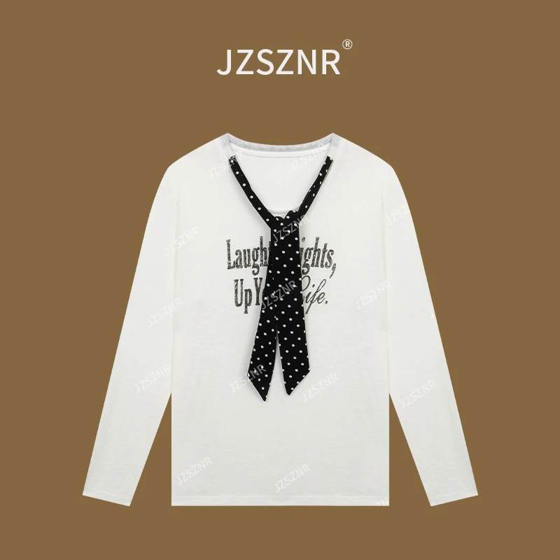 橘子树在哪儿时尚显瘦百搭宽松长袖飘带字母印花T恤女秋季款上衣