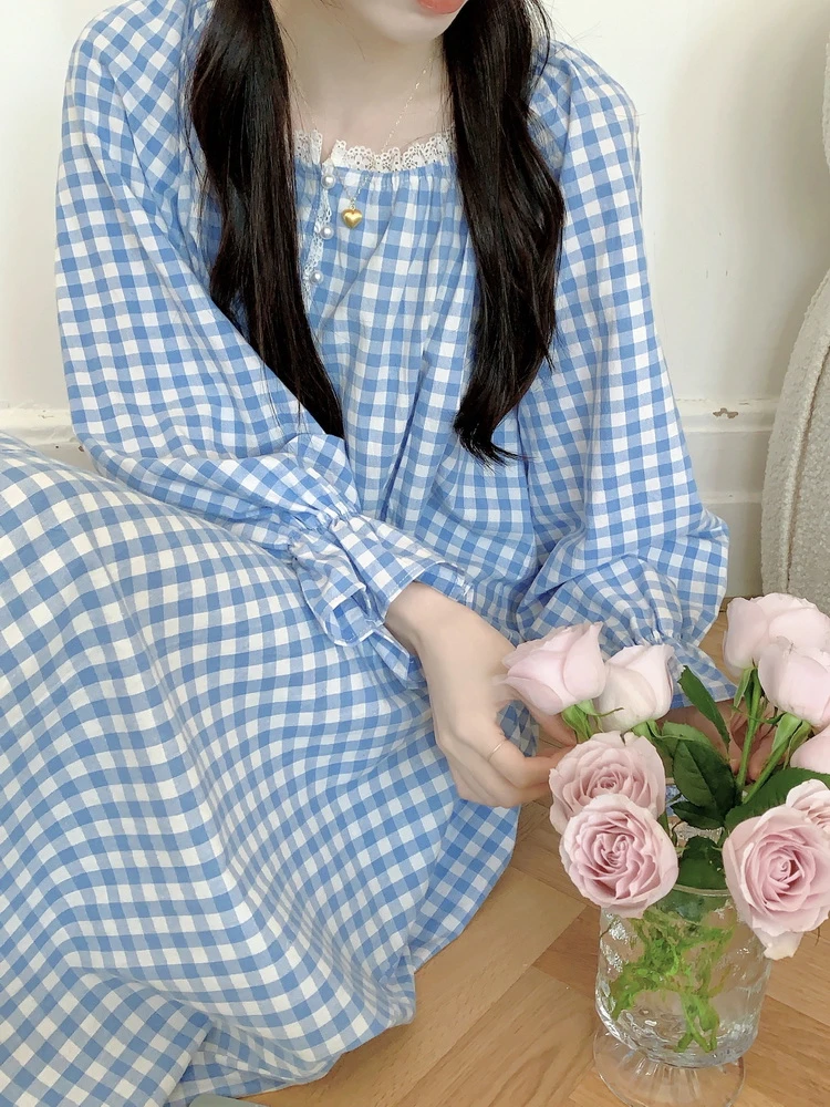 韩国ins小清新格子纯棉睡裙女春秋季长袖甜美蕾丝花边睡衣家居服
